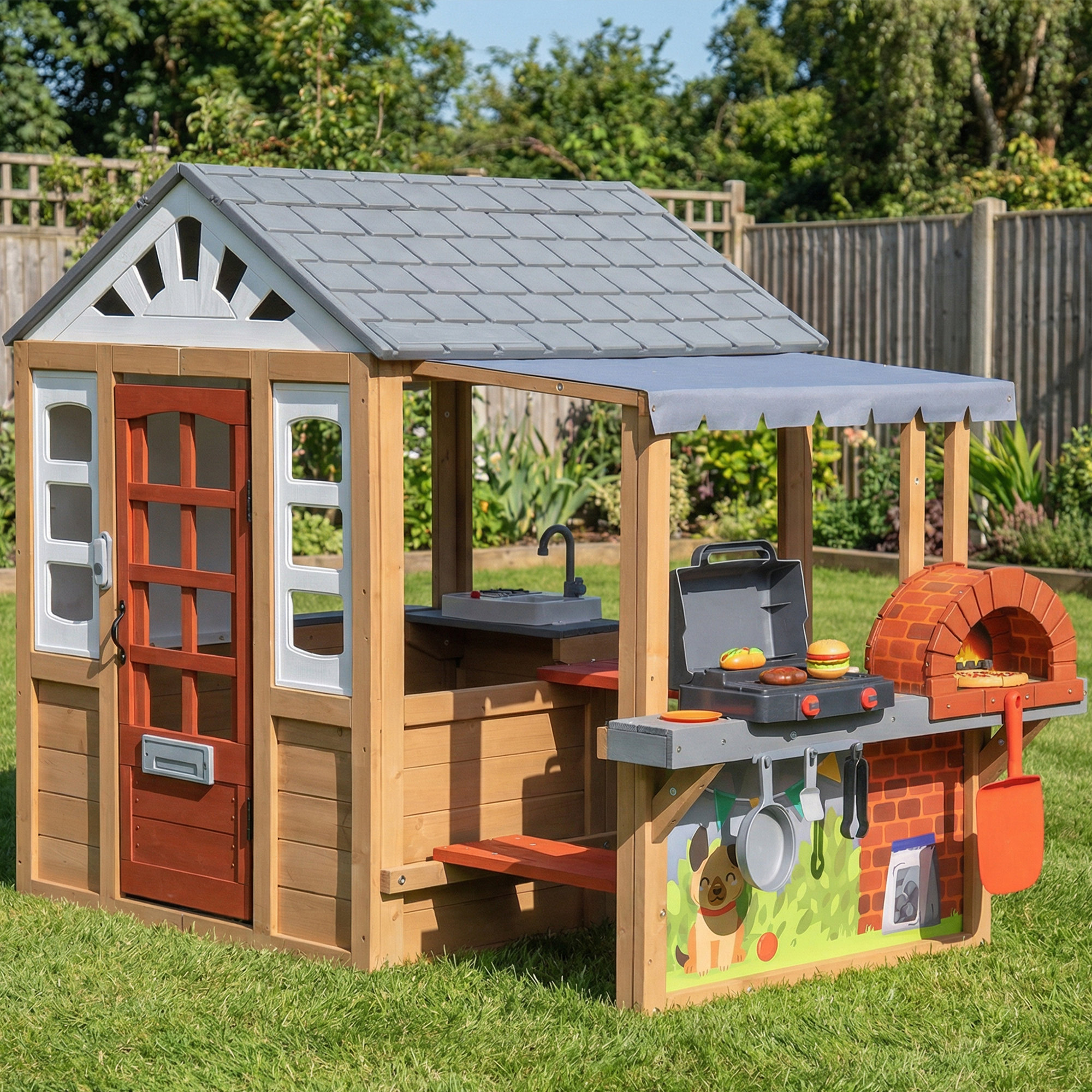 JOYRACER Kids Wooden Playhouse with 17-Piece Kitchen Set, Outdoor